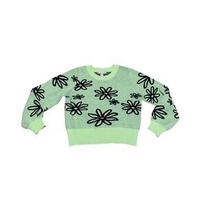 Watermelon Sugar Women's XL Lime Green Black Daisy Floral Knit Crewneck Sweater